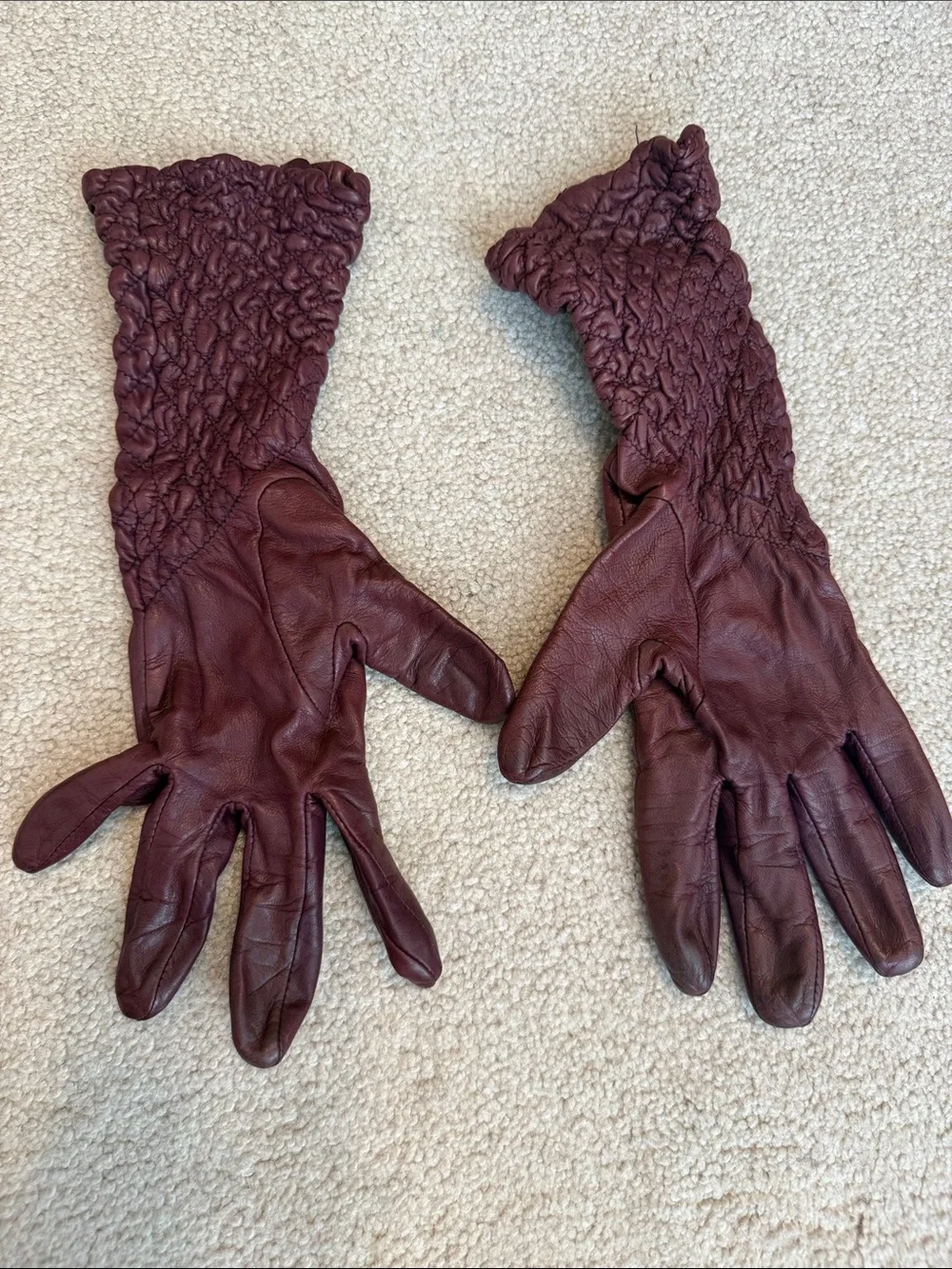 VTG Leather Gloves Long Womens Medium Fancy Ruching Silk Lined Purple Red